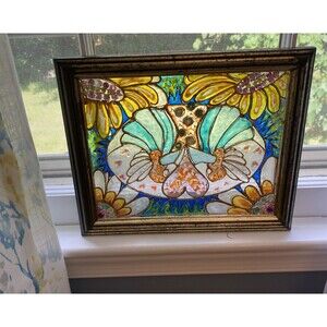 Vtg Hand Painted Glass Panel Framed 11"x9" Vibrant Pastels Beaded Unique Art